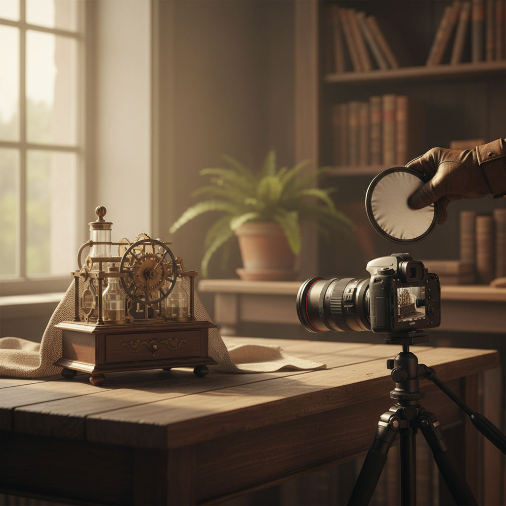Unknown antique item on table being photographed — value of this guide (FlipAI)