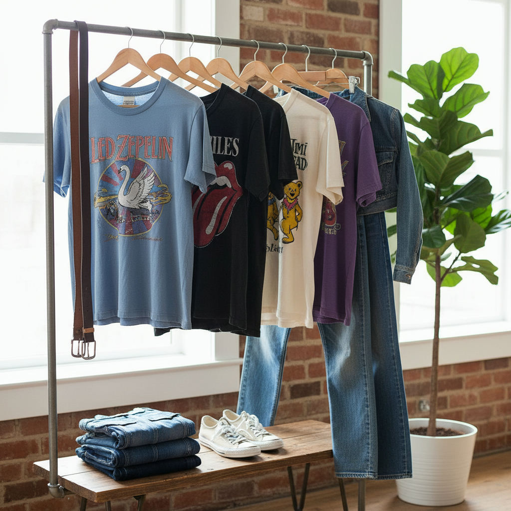Vintage band tees and levis denim on rack — vintage clothing brands worth money guide (FlipAI)
