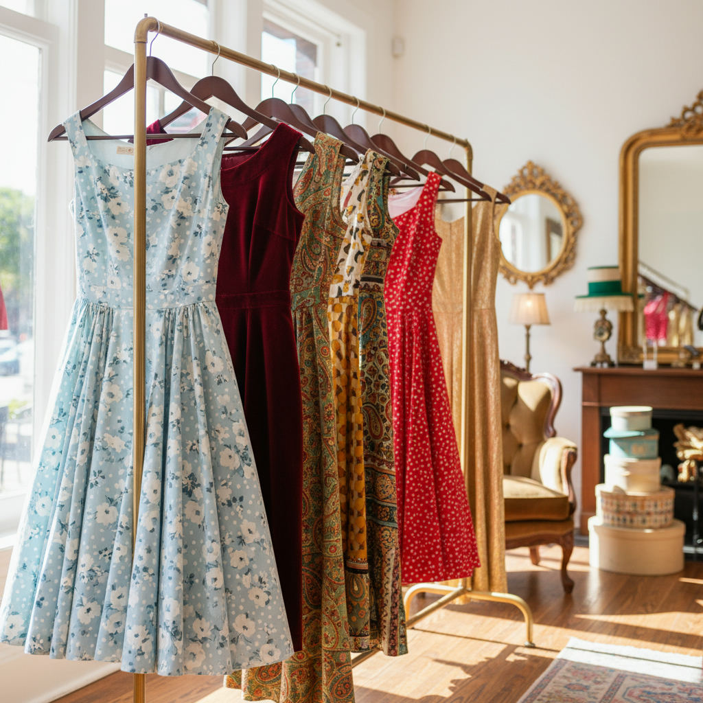 Vintage dresses hanging boutique 1950s 1970s — vintage style dresses value guide guide (FlipAI)