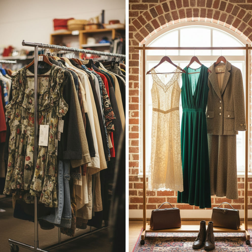 Thrift store rack next to curated vintage boutique — vintage thrift stores vs vintage shops guide (FlipAI)