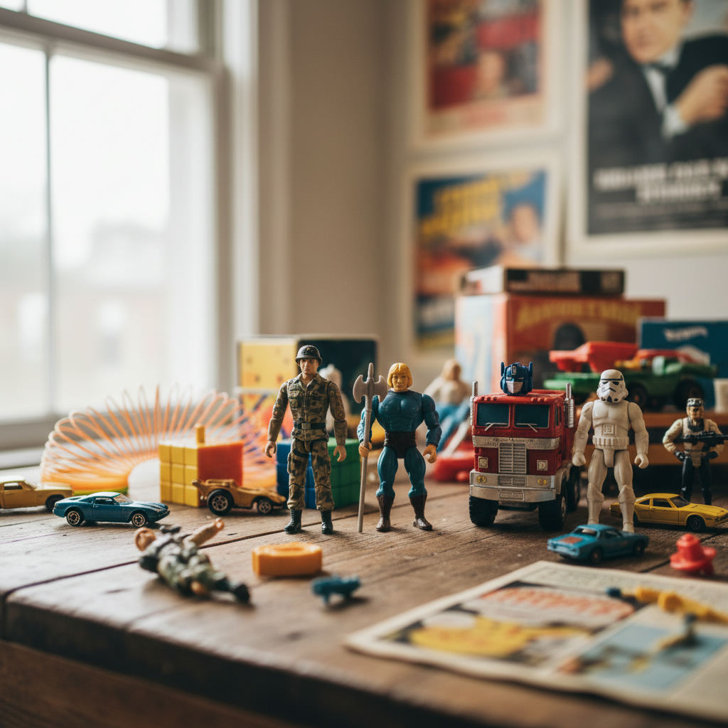 Vintage action figures and toys on table — vintage toy value guide (FlipAI)