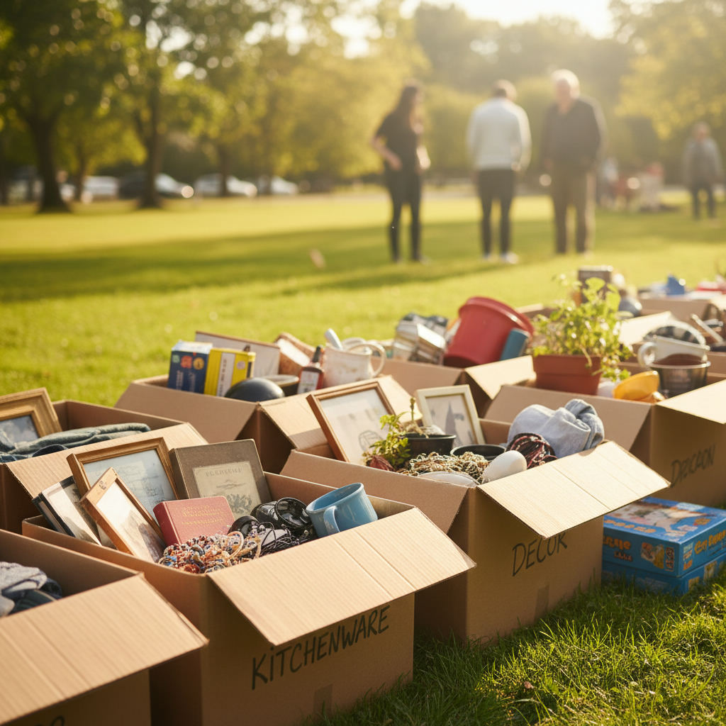 Community rummage sale boxes of household goods — what is a rummage sale guide (FlipAI)