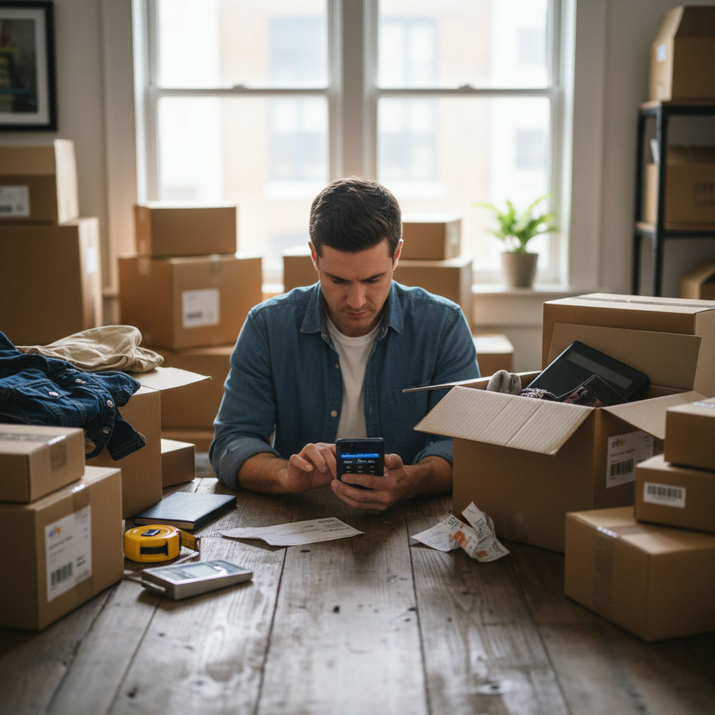 Ebay seller calculating fees with phone and boxes — what the ebay fee calculator numbers actually mean guide (FlipAI)