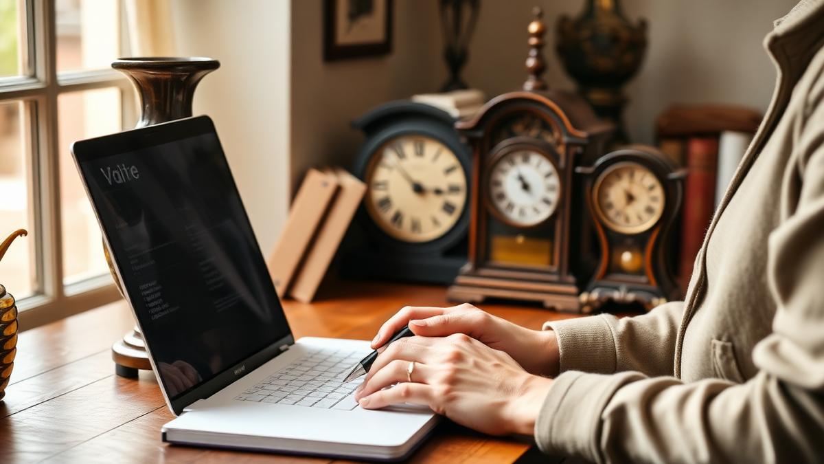 A person holding a smartphone and using an app to scan a vintage film camera sitting on a wooden desk.