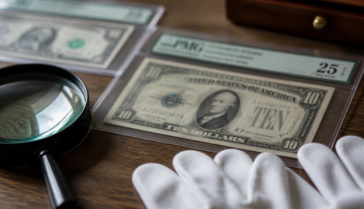 A crisp, uncirculated 1976 two-dollar bill showing the signing of the Declaration of Independence, held to show its condition and value.